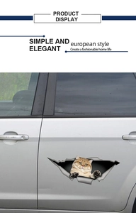 Detail showing 3D golden cat sticker appearing through a torn metal hole on a car body