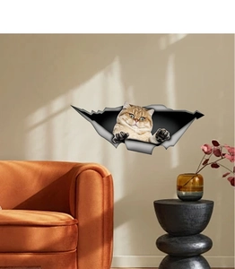3D realistic orange cat wall sticker with broken wall effect in cozy living room