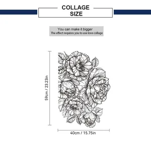 Size chart showing 59x40cm dimensions for minimalist black and white peony wall decals