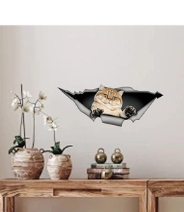 3D cat wall sticker with tabby cat peeking from a wall crack for home decor