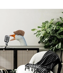 Funny cartoon duck wall sticker with vintage hat and microphone in modern room decor