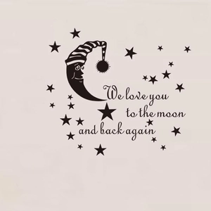 Sticker mural lune et étoiles avec citation We love you to the moon and back again