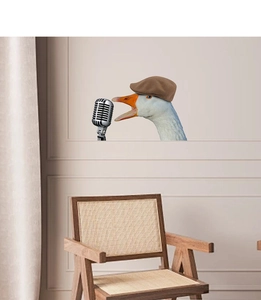 Funny cartoon goose with cap singing into vintage microphone wall sticker in a room