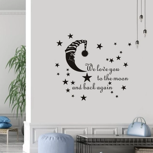 Sticker mural lune et étoiles avec slogan We Love You To The Moon and Back again