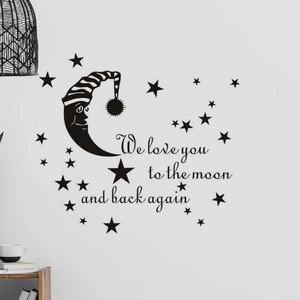 Sticker mural avec lune et étoiles avec phrase We love you to the moon and back again