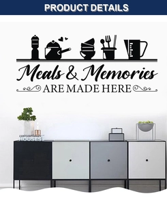 Detail view of black vinyl kitchen wall decal featuring Meals & Memories ARE MADE HERE quote