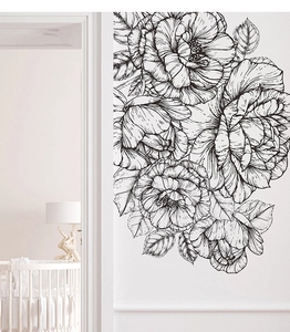 Detailed black and white sketch of peony wall stickers for a modern living room decor