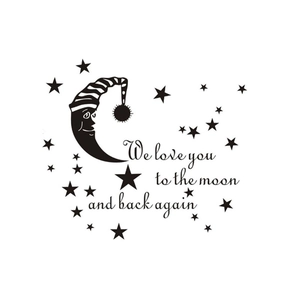 Sticker mural lune et étoiles avec texte We love you to the moon and back again