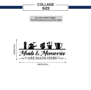 Size chart showing 58x25cm dimensions for the kitchen wall decal with cutlery icons