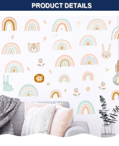 Detail view of boho rainbow wall stickers with cute animals for kids' room decoration