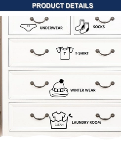 Detail view of black minimalist icons on white drawers for clothing classification labels