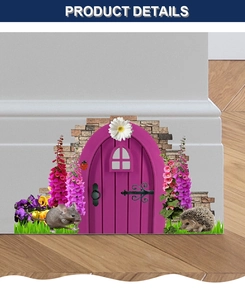 Detail view of 3D creative mouse hole wall sticker with purple door and flowers