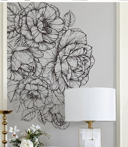 Detail of artistic black sketch peony wall sticker in a modern living room setting