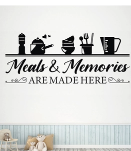 Detail of kitchen wall decal with kitchenware silhouettes and Meals & Memories text