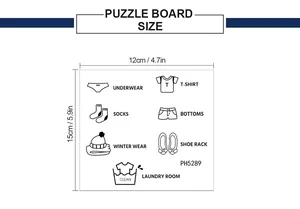 Size guide for wardrobe storage labels featuring puzzles of icons like underwear and socks