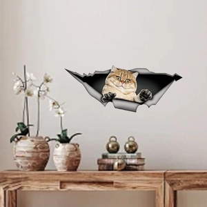 Realistic 3D orange cat wall sticker peeping through a broken wall hole for home decor