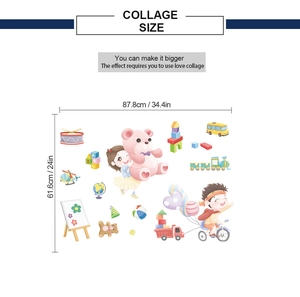 Detailed dimensions of cartoon bear and school bus wall stickers for nursery decor