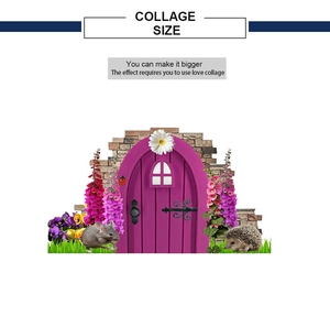 Detail of DIY fairy garden wall sticker showing pink door with flowers and small animals