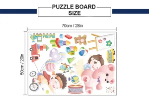 Detailed size chart showing 70x50cm dimensions for cartoon wall stickers and puzzle board