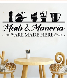 Detail of kitchen wall decal with cutlery silhouettes and Meals & Memories typography