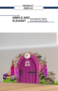 Macro detail of a 3D mouse hole wall decal with purple door and floral elements
