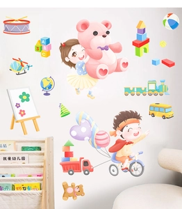 Detailed wall sticker set for kids room featuring cartoon characters and vehicles