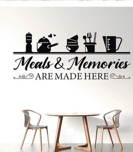 Detail of minimalist black kitchen wall decal with Meals & Memories are made here quote