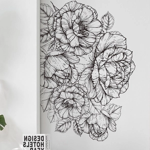 Black And White Rose Peony Floral Wall Stickers PVC Removable Line Art Flower Wall Decals For Living Room Bedroom Minimalist Decor