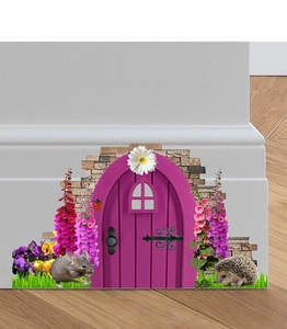 Detail of creative mouse hole wall sticker with 3D fairy door and colorful flowers