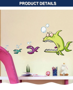 Detailed view of colorful cartoon fish wall stickers in a kids room setting