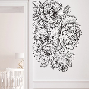 Elegant black and white floral peony wall decals for a minimalist living room interior decor