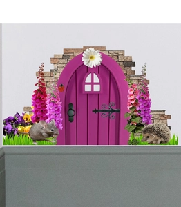 Detail of creative mouse hole wall sticker with purple door, hedgehog and flower elements