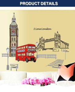 Detail view of London landmarks wall decals with red double decker bus and Big Ben