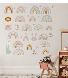Detail of Nordic wall stickers with pastel rainbows and cute animals for kids' room decor