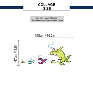 Detailed size chart showing 100cm by 47cm layout for cartoon fish wall stickers