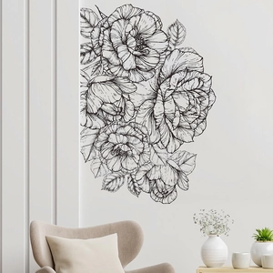 Minimalist black line art peony flower wall stickers for living room decor