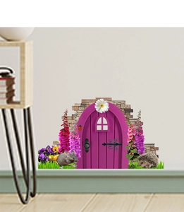 3D mouse hole wall sticker with purple door, flowers, and hedgehog for home decor
