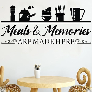 Meals & Memories kitchen wall decal with black silhouette utensil icons for home decor
