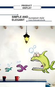 Cartoon big fish eat small fish wall decal with sea creatures and bubbles for kids room