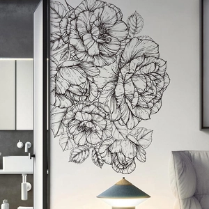 Minimalist black and white hand-drawn peony floral wall stickers for living room decor