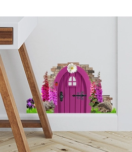 Detail of 3D mouse hole wall decal with flowers and hedgehog for nursery room decor