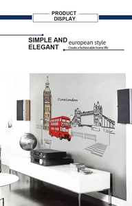 London themed wall decal featuring Big Ben and red bus on a grey living room wall