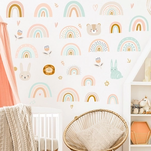 Boho Rainbow Cartoon Animal Wall Stickers For Kids Room Decor PVC Removable Nordic Nursery Bear Rabbit Lion Wall Decals