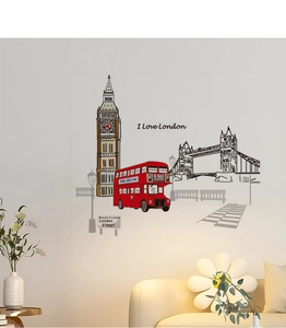 Detail showing London themed wall stickers with Red Bus and Big Ben for living room decor