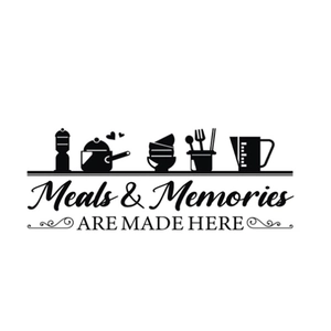 Black vinyl kitchen wall decal featuring kitchen utensils and 'Meals & Memories' quote