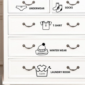Wardrobe organization stickers with icons for underwear and socks on white drawers
