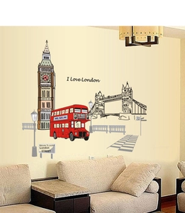 Detail of London themed wall stickers featuring red double-decker bus and Big Ben landmarks