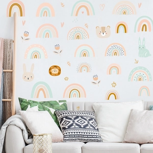 Boho style rainbow wall stickers with cute animals for children room and nursery decor