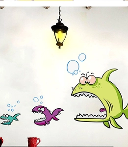 Cartoon big fish eating small fish wall stickers with bubbles for kids room decor
