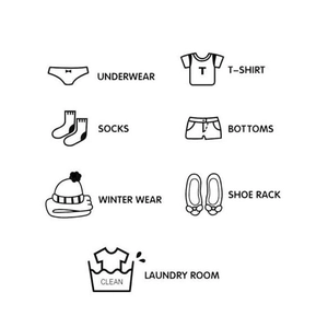 Minimalist hand-drawn wardrobe organization stickers with black icons on white background